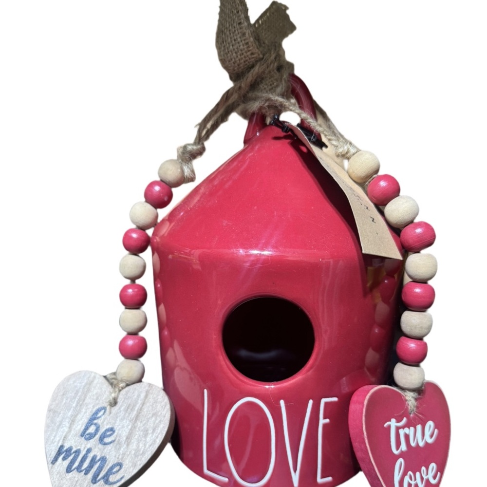 Rae Dunn Red Love Birdhouse Burlap Bow NWT